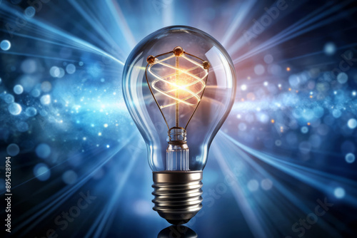 Bright Idea with Glowing Light Bulb and Blue Bokeh Background.