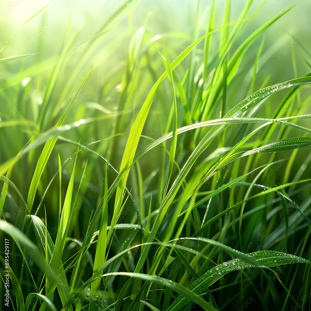 Obraz premium Lush green grass swaying gently in the breeze, illuminated by soft sunlight, creating a serene and tranquil nature scene.