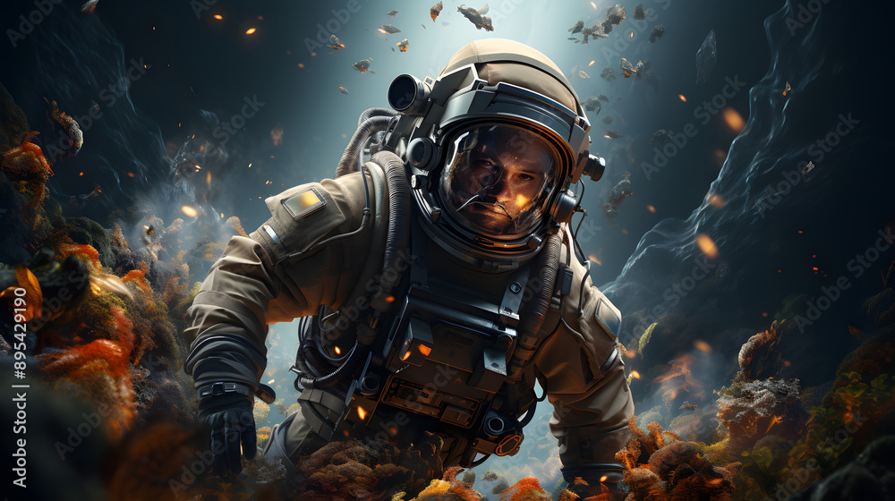 An astronaut emerges from a fiery, alien landscape, their helmet reflecting the strange light. The scene evokes a sense of adventure and exploration. An astronaut emerges from a fiery, alien landscape, their helmet reflecting the strange light. The scene evokes a sense of adventure and exploration.
