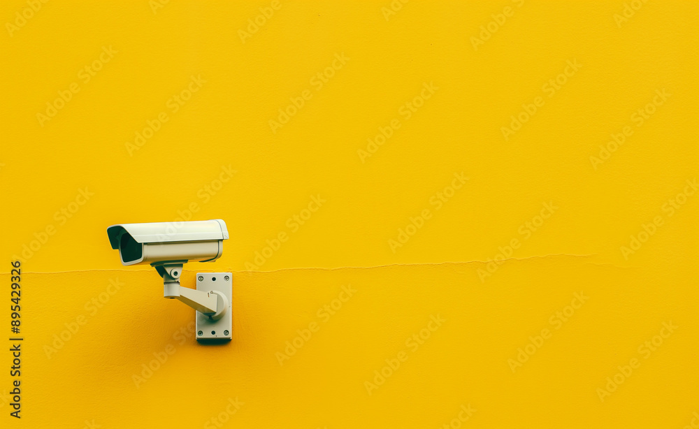 Minimalistic white security camera mounted on a bright yellow wall. Minimalistic white security camera mounted on a bright yellow wall.