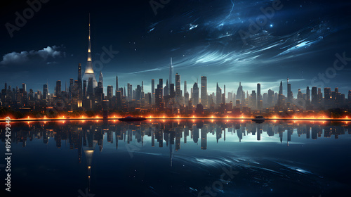 A futuristic city skyline reflected in still water, the buildings are illuminated and there are stars and clouds in the night sky.