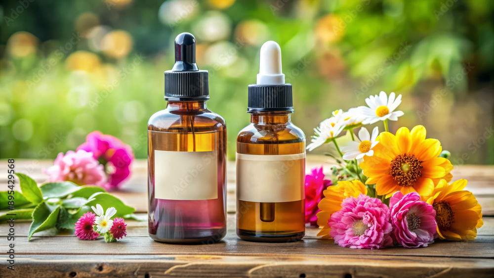 Essential Oils Bottles with Flowers on Wooden Table. Essential Oils Bottles with Flowers on Wooden Table.