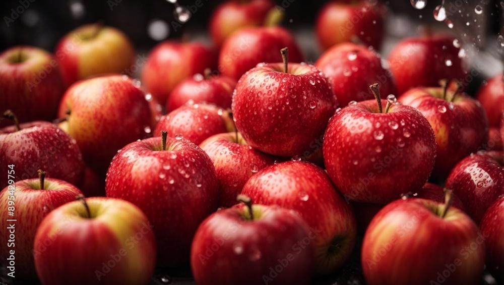 Freshly Washed Bounty: A mountain of vibrant red apples glisten with water droplets, tempting the senses with their juicy promise. Freshly Washed Bounty: A mountain of vibrant red apples glisten with water droplets, tempting the senses with their juicy promise.