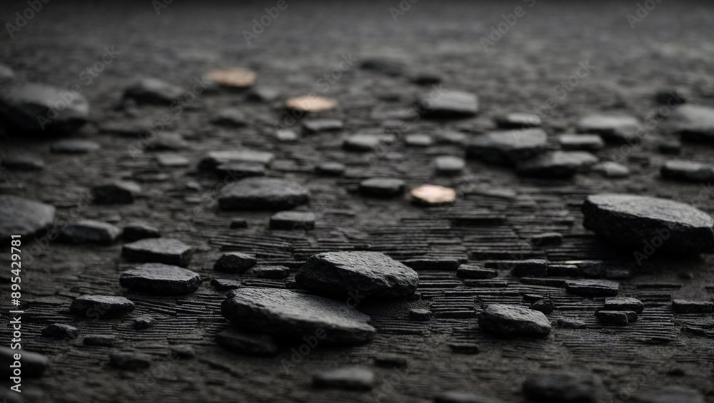 Obraz premium Abstract Black and Gold Pebbles: A minimalist abstract photography featuring scattered black pebbles on a textured black surface with two golden circular objects, creating a visually intriguing contra