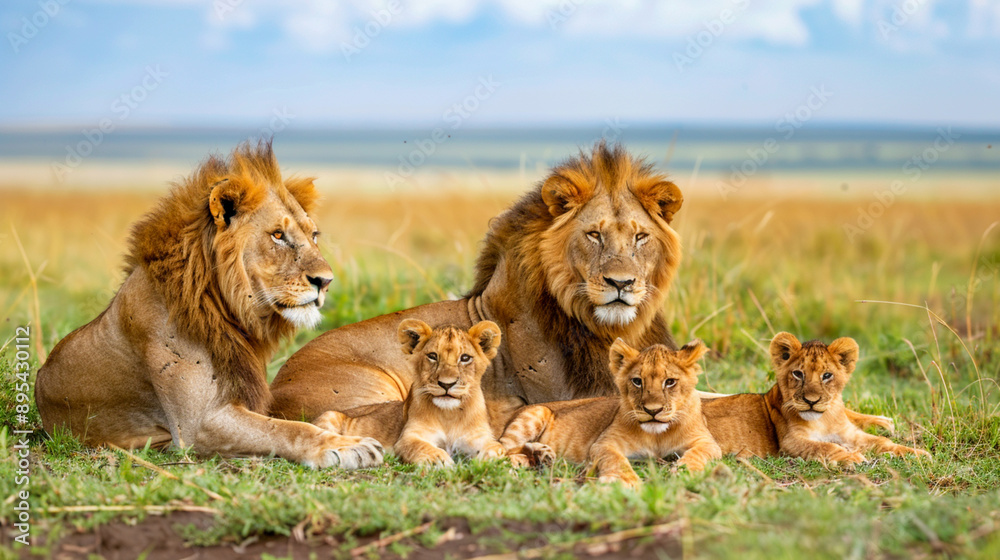 A lion family resting in the savannah, mother, father, and cubs. A lion family resting in the savannah, mother, father, and cubs.
