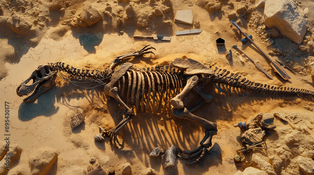 Fototapeta premium Archaeologists uncovering a large dinosaur skeleton in a sandy excavation site.