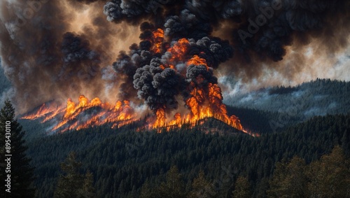 Inferno's Fury: A wildfire rages through a dense forest, its flames licking at the sky as a massive plume of smoke blots out the sun. A stark reminder of nature's power and the devastating impact of c