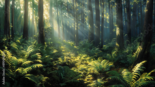 Sunlight filtering through dense ferns in a lush green forest. photo