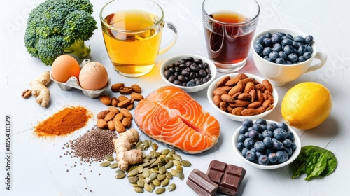 Concept of food of brain , salmon coffee beans , Blueberries, Turmeric, Broccoli, Pumpkin seeds, Dark chocolate, Nuts, Oranges, Eggs, Green tea in a glass , Generative AI