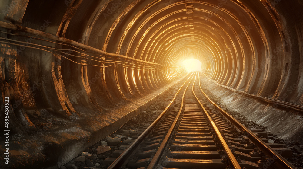 Obraz premium A railway track leading into a tunnel with a bright light at the end.