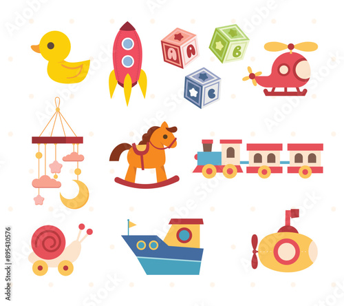Collection of Baby Toys. Perfect for Nurseries and Playrooms. Cute and Colorful Icons. Rattles, Teddy Bears, Blocks, Cars. Isolated Flat Vector Art.