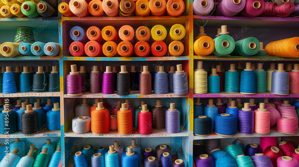 Obraz premium Shelves filled with colorful spools of thread in a fabric store.