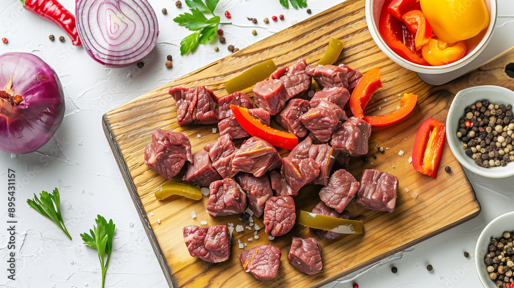 Chopped beef cubes on a wooden chopping board with a side of fresh bell peppers and onions Chopped beef cubes on a wooden chopping board with a side of fresh bell peppers and onions