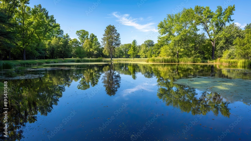 Clear blue lake with green trees on the shore and bright blue sky above Clear blue lake with green trees on the shore and bright blue sky above