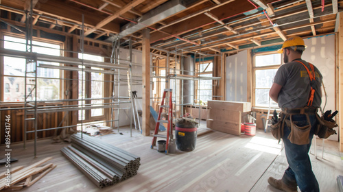 Construction worker in a hard hat observing progress at a building site.