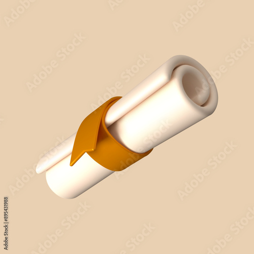 Diploma scroll icon. 3D representation of a university certificate, business license, or graduation document.