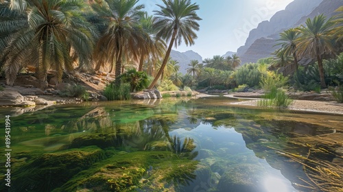 Lush oasis with palm trees and a clear water pond under a sunny sky