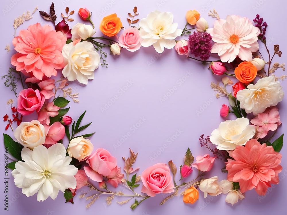 A stunning floral wreath on a pastel purple background, featuring vibrant roses and peonies. A stunning floral wreath on a pastel purple background, featuring vibrant roses and peonies.