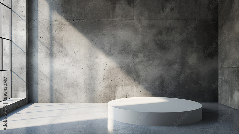 A minimalist circular platform in a concrete room with sunlight streaming through a large window.