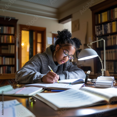 student studying in library female black college girl with glasses