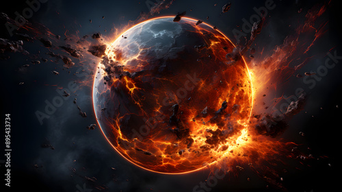 A fiery explosion engulfs a planet, scattering debris across the dark expanse of space. The intense heat and light illuminate the surrounding void, creating a dramatic and awe-inspiring scene.