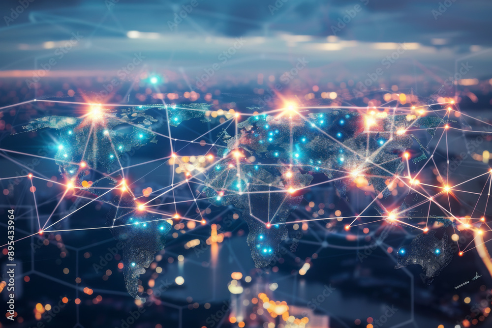 Obraz premium Interconnected Global Cloud Computing Network Bridging Digital Data Across Cities and Countries