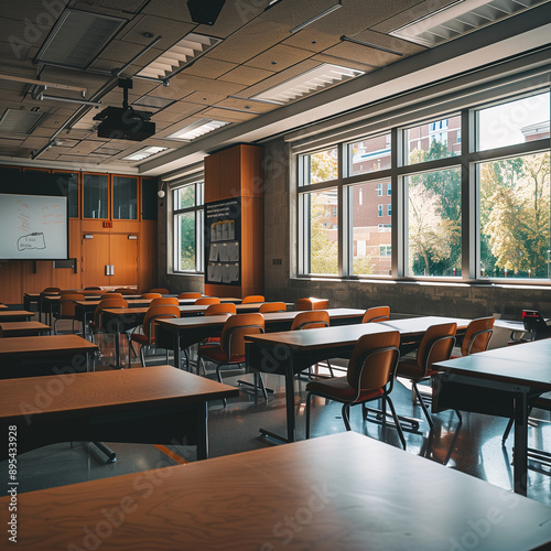 room with empty chairs desks and windows