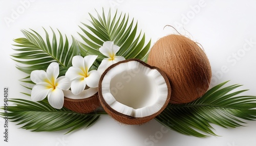 Coconuts and white plumeria flowers realistic white background isolated