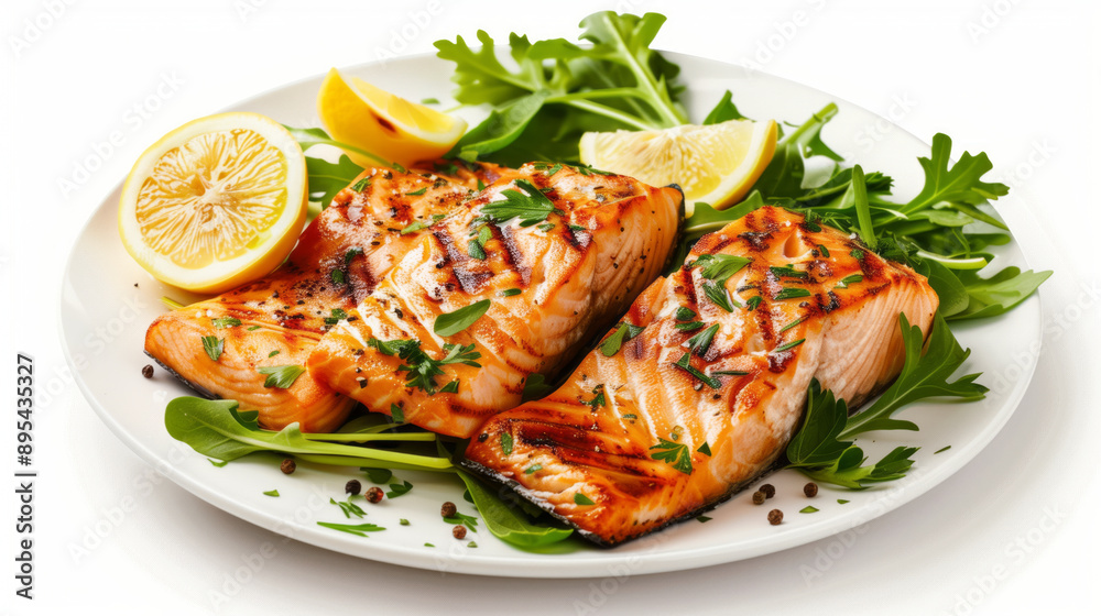 Pieces of grilled salmon fillet on a plate with lemon wedges Pieces of grilled salmon fillet on a plate with lemon wedges