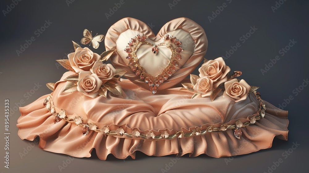 Opulent Heart-Shaped Bed in 3D Rendering with Diamond-Like Crust, Gold Butterfly, Peach Roses, and Velvet Sheets Opulent Heart-Shaped Bed in 3D Rendering with Diamond-Like Crust, Gold Butterfly, Peach Roses, and Velvet Sheets