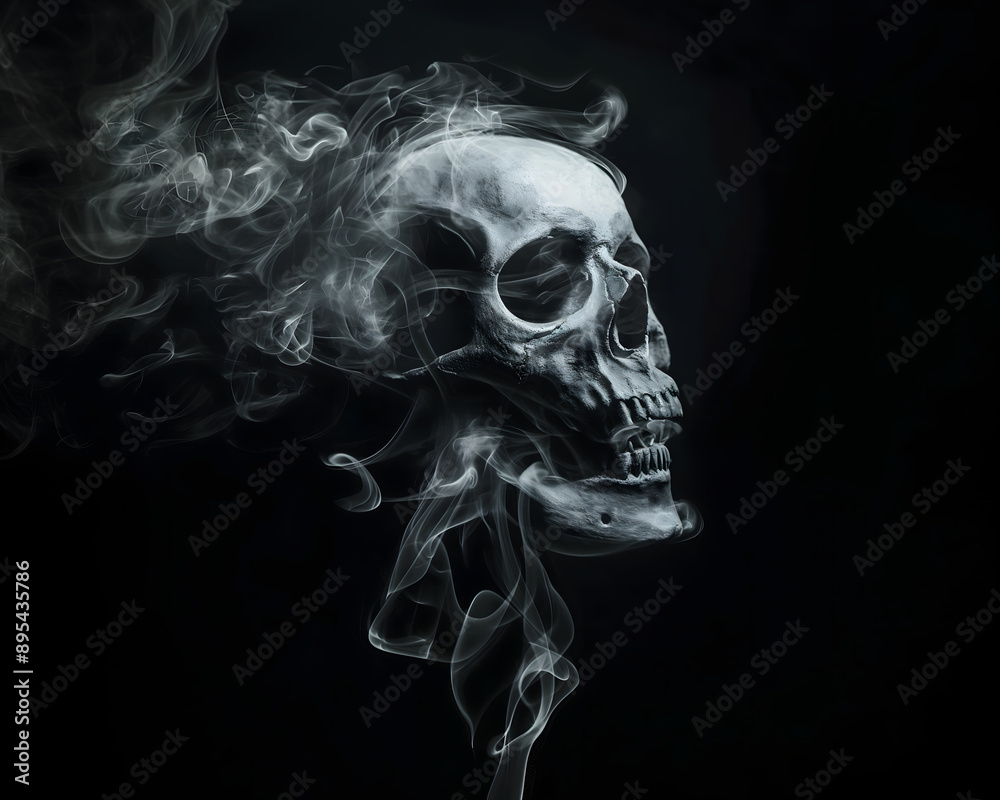 Fototapeta premium Illustration of a skull formed by the silhouette of smoke from a cigarette representing the damage it can cause you, tell about awareness about lung cancer