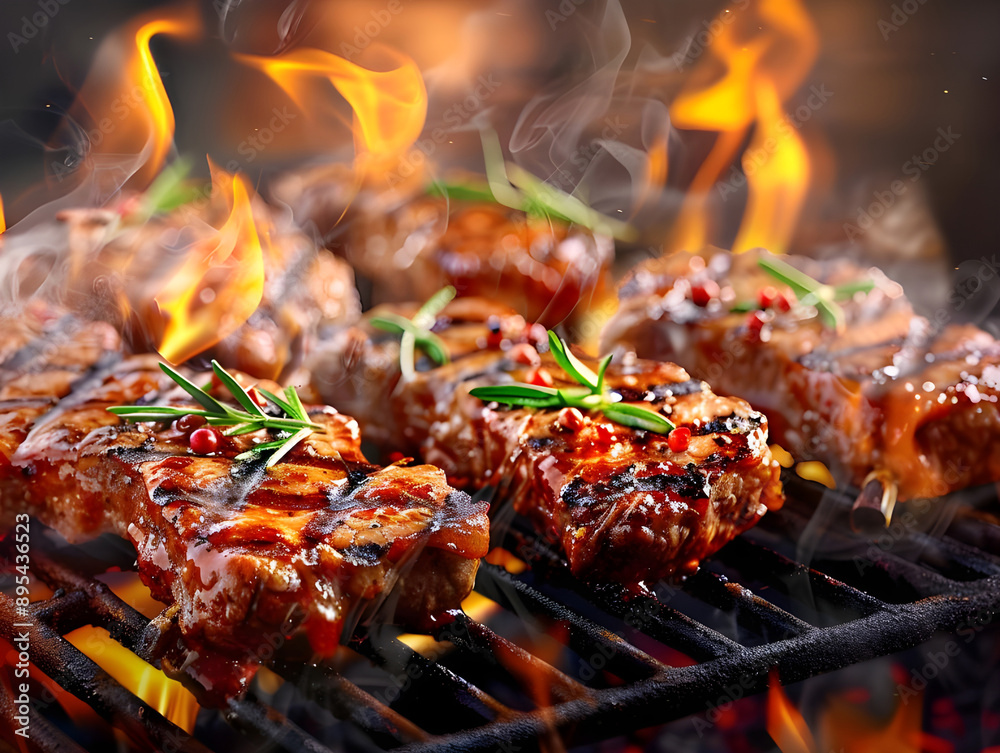 3D rendering Grilled meat on barbecue grill, Summer outdoor cooking concept, Delicious barbecue ribs on grill, Juicy steak cooking on BBQ, Grilled food preparation 3D rendering Grilled meat on barbecue grill, Summer outdoor cooking concept, Delicious barbecue ribs on grill, Juicy steak cooking on BBQ, Grilled food preparation