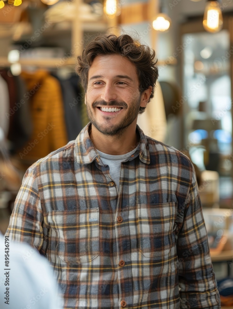 Obraz premium A man with a plaid shirt and a smile on his face