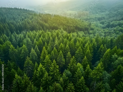 Lush Green Forest Canopy in Aerial Drone Perspective Showcasing Scenic Wilderness Landscape