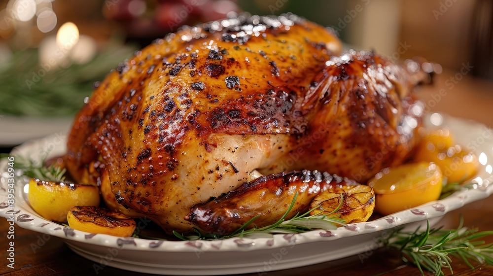 A large roasted turkey with lemon slices on top of it A large roasted turkey with lemon slices on top of it