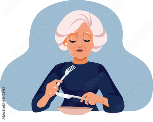 Senior Woman with Fork and Knife Waiting for Meal Vector Illustration. Elderly woman having health-oriented eating habits 
