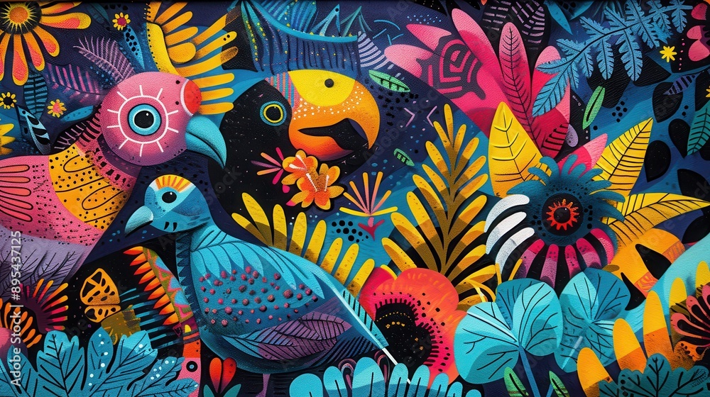 A colorful painting of birds and flowers A colorful painting of birds and flowers