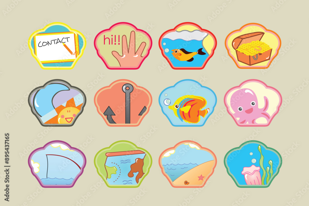 Fototapeta premium Shell-shaped icon button about life in the sea