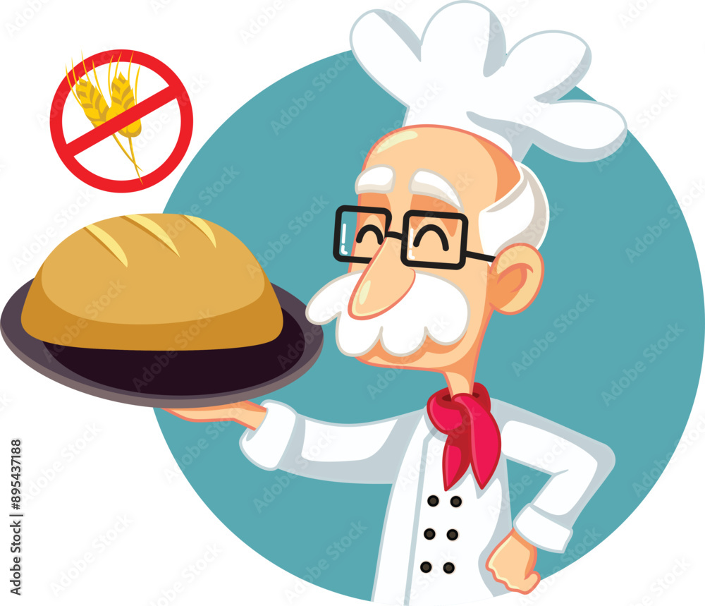 Senior Chef Baking Gluten Free Bread Vector Cartoon. Elderly cook baking some products for celiac disease
Senior Chef Baking Gluten Free Bread Vector Cartoon. Elderly cook baking some products for celiac disease