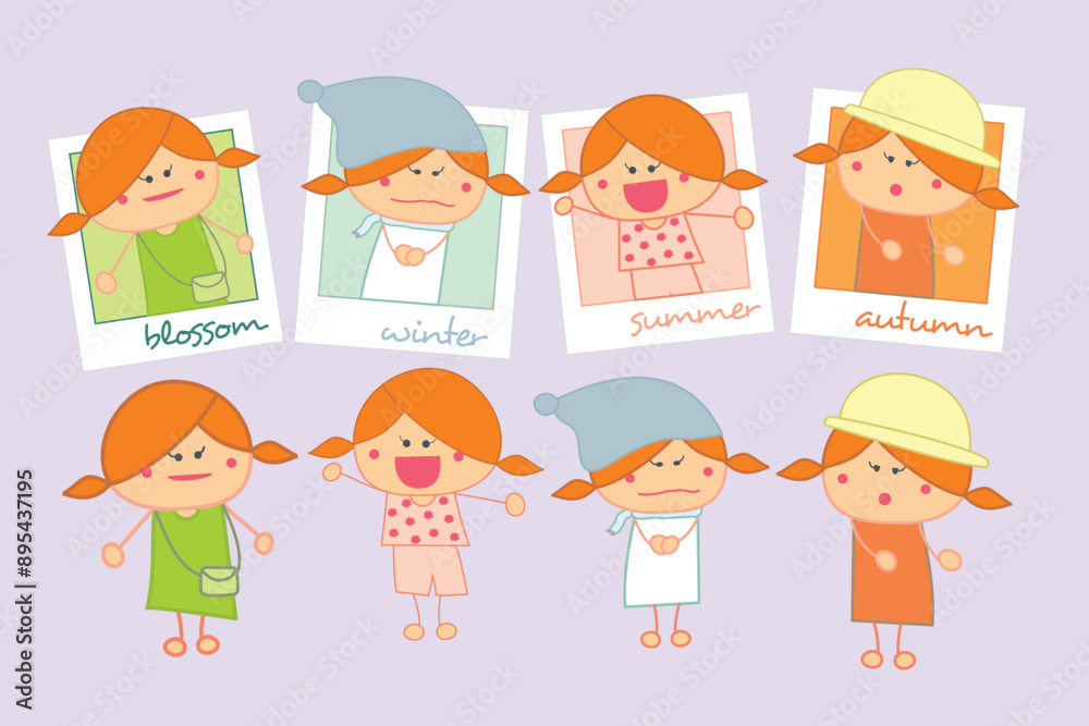 Fototapeta premium Various weather girls. Girls in different clothes blossom, winter, summer and autumn vector set