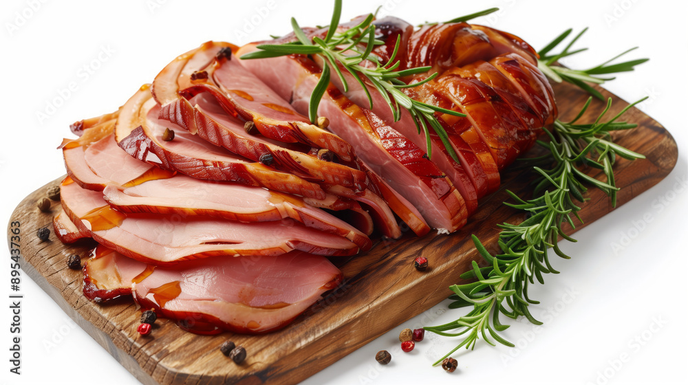 Sliced honey glazed ham on a wooden chopping board Sliced honey glazed ham on a wooden chopping board