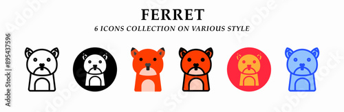 Ferret icons collection. 6 Various styles. Lineal, solid black, flat, lineal color and gradient. For sign, symbol, presentation, infographic or web graphics. Vector Illustration.