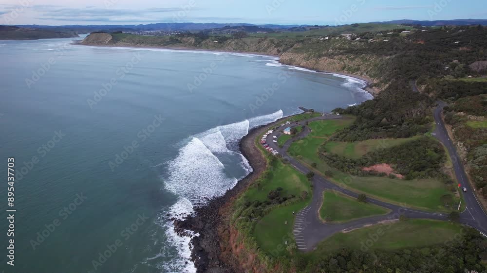 Aerial View Of Manu Bay Reserve On Manu Bay Coast In Raglan, Waikato, New Zealand. Aerial View Of Manu Bay Reserve On Manu Bay Coast In Raglan, Waikato, New Zealand.