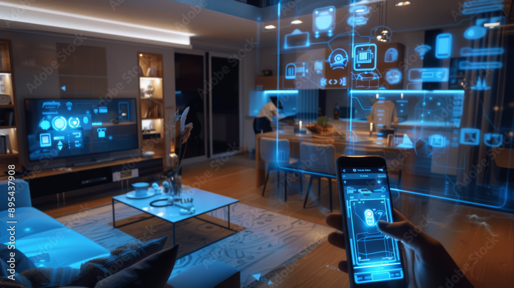 Create an image that captures the innovative and seamless integration of smart home technology, showcasing how it enhances comfort, convenience, and efficiency in modern living spaces. Create an image that captures the innovative and seamless integration of smart home technology, showcasing how it enhances comfort, convenience, and efficiency in modern living spaces.