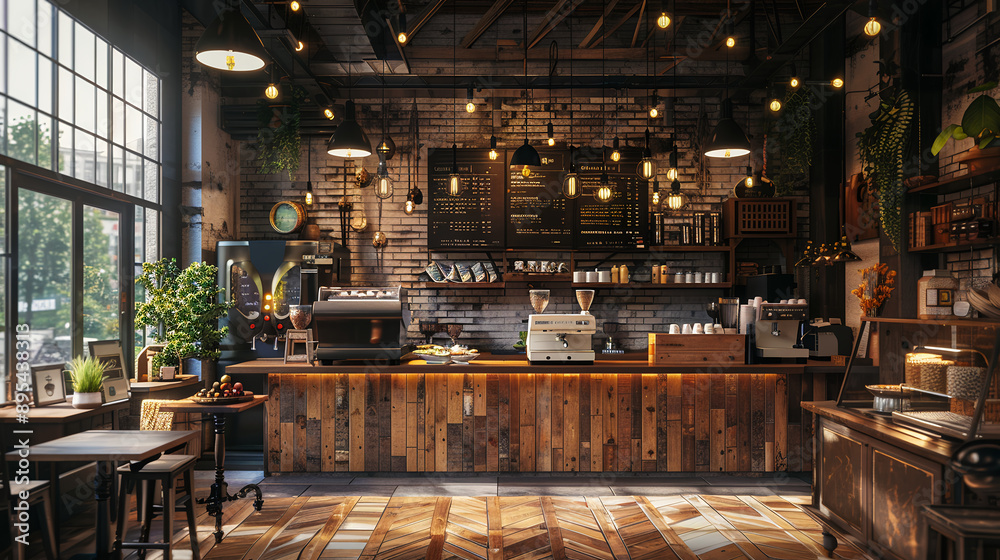 cozy café interior, oak flooring, brick and wood walls, cozy café interior, oak flooring, brick and wood walls,