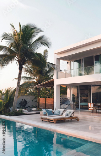 Luxury Modern Home with Swimming Pool, Tropical Beach Condo Vacation Rental Beach House with Palm Trees, Real Estate Tourism Branding