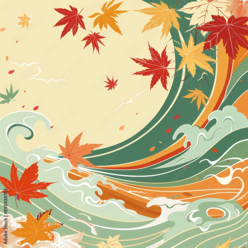 Obraz premium Japanese autumn motifs, maple leaves and waves, flat design illustration