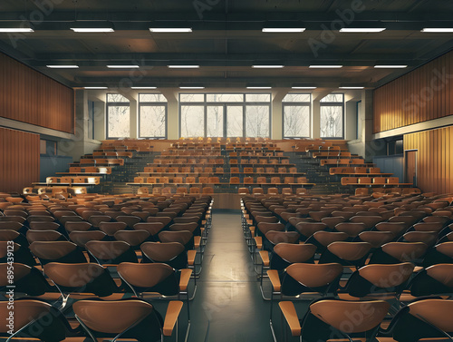 3D rendering Interior of a lecture hall, University classroom design in 3D, Lecture hall with rows of seats, Educational space visualization, Modern academic environment