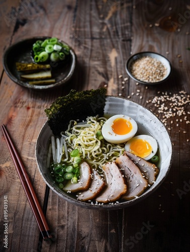 Delicious Bowl of Artisan Ramen on Wooden Table with Steaming Broth, Noodles, Pork, Egg, and Scallions - Professional Food Photography