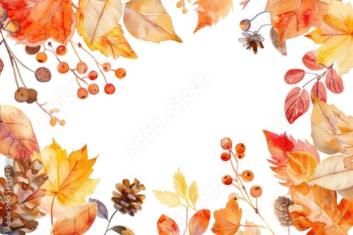 Autumn-themed watercolor illustration featuring various fall leaves and berries arranged around a white background space. photo